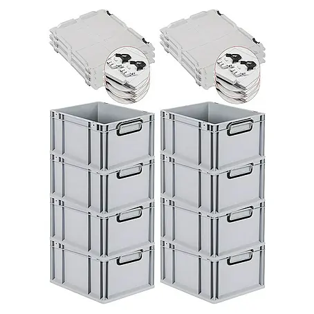 SuperSparSet 8x Eurobox NextGen Color mit Scharnierdeckel und Schiebeschnappverschlüssen | HxBxT 22x30x40cm | 20 Liter | Grau | Griffe schwarz geschlossen | Glatter Boden | Eurobehälter, Transportbox, Transportbehälter, Stapelbehälter