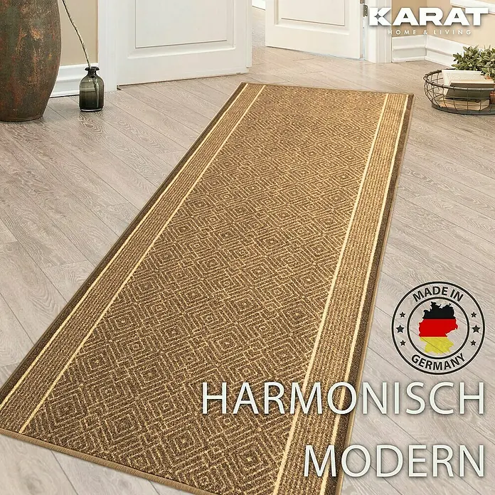 Teppichläufer Olymp - Beige, 250 x 80 cm, 100 % Polyamid - Brauner Läufer "Harmonisch Modern" mit geometrischem Muster und eleganter Bordüre für einen stilvollen Eingangsbereich. Made in Germany.