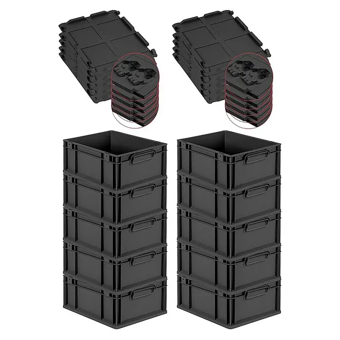 Proregal Euroboxen-Set 10x Eurobox NextGen Grip mit Scharnierdeckel und schwarzen Verschlüssen - L x B x H: 40 x 30 x 17 cm, Kunststoff, Schwarz, 10 Stk. - Stapelbare Kunststoffboxen und Deckel. Praktisches Set für Lagerung und Organisation, ideal für Werkstatt oder Garage.
