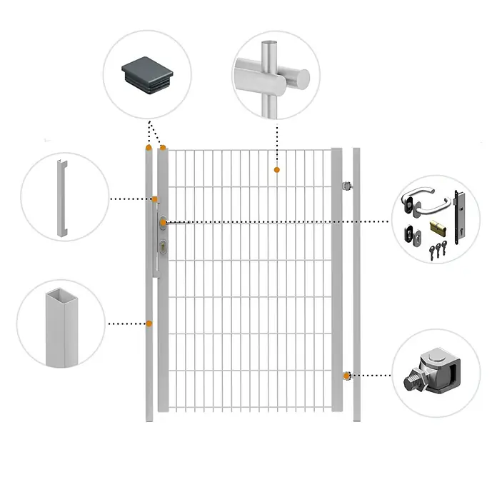 FA-Bausysteme Zauntor Halbrahmen - 1,32 x 2 m, Stahl, Silber, 1-Flügel - Darstellung eines Gartentors mit seinen Einzelteilen, die durch Punktlinien hervorgehoben werden. Gut geeignet für Bau- oder DIY-Projekte.
