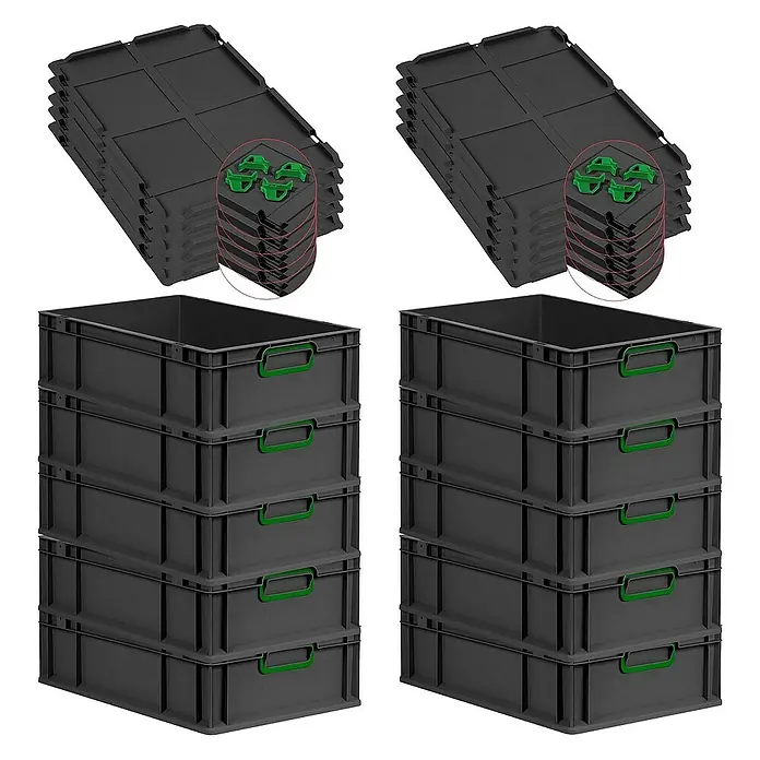 Proregal Euroboxen-Set 10x Eurobox NextGen Color mit Auflagedeckel und Schiebeschnappverschlüsse - L x B x H: 60 x 40 x 17 cm, Kunststoff, Schwarz, Grün, 10 Stk. - Ein Bild von schwarzen Eurobehältern und den passenden Deckeln, die gestapelt sind. Die Behälter haben grüne Griffe.