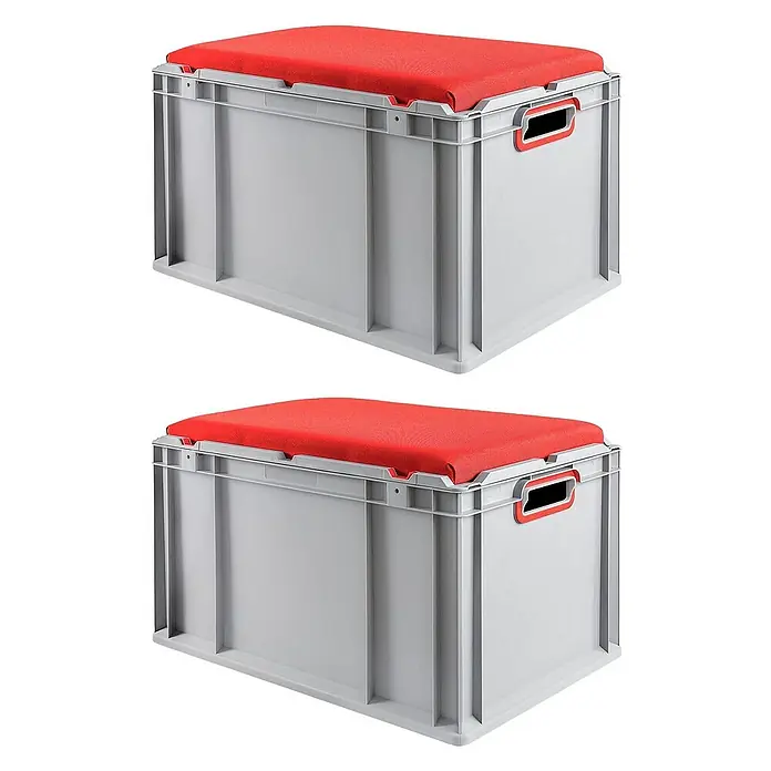 Proregal Euroboxen-Set 2x Eurobox NextGen Seat Box Rot - L x B x H: 60 x 40 x 36,5 cm, Kunststoff, Grau, Rot, 2 Stk. - Zwei graue Aufbewahrungsboxen mit roten Sitzkissen darauf, die als Hocker dienen. Praktische und stilvolle Ergänzung für jeden Raum.