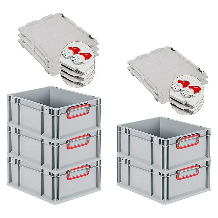 SuperSparSet 5x Eurobox NextGen Color mit Scharnierdeckel und Schiebeschnappverschlüssen | HxBxT 17x30x40cm | 16 Liter | Grau | Griffe rot geschlossen | Glatter Boden | Eurobehälter, Transportbox, Transportbehälter, Stapelbehälter -  - Mehrere graue Eurobehälter mit roten Griffen und dazugehörige Deckel sind in dieser Produktaufnahme zu sehen.