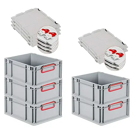 SuperSparSet 5x Eurobox NextGen Color mit Scharnierdeckel und Schiebeschnappverschlüssen | HxBxT 17x30x40cm | 16 Liter | Grau | Griffe rot geschlossen | Glatter Boden | Eurobehälter, Transportbox, Transportbehälter, Stapelbehälter