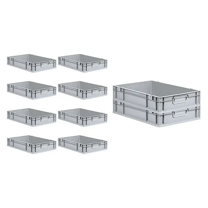 Proregal Euroboxen-Set 10x Eurobox NextGen Grip mit Scharnierdeckel und grünen Verschlüssen - L x B x H: 60 x 40 x 12 cm, Kunststoff, Grau, 10 Stk. - Graue Kunststoffbehälter zur Aufbewahrung, sowohl einzeln als auch gestapelt. Ideal für Lagerung und Organisation.