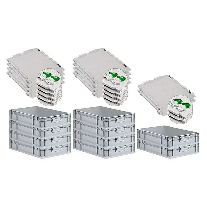 Proregal Euroboxen-Set 10x Eurobox NextGen Grip mit Scharnierdeckel und grünen Verschlüssen - L x B x H: 60 x 40 x 12 cm, Kunststoff, Grau, 10 Stk. - Stapelbare graue Lagerbehälter und zugehörige Deckel im Set. Ideal für Lagerung und Transport. Mit praktischen Griffen.