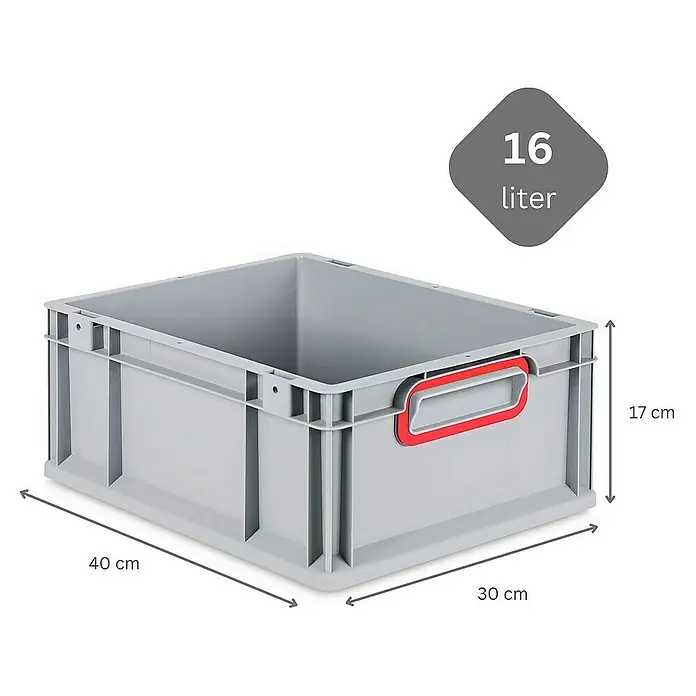 SuperSparSet 5x Eurobox NextGen Color mit Scharnierdeckel und Schiebeschnappverschlüssen | HxBxT 17x30x40cm | 16 Liter | Grau | Griffe rot geschlossen | Glatter Boden | Eurobehälter, Transportbox, Transportbehälter, Stapelbehälter -  - Graue 16-Liter-Kunststoffbox mit roten Griffen und Maßangaben für Länge, Breite und Höhe.