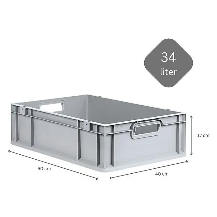 Proregal Euroboxen-Set 5x Eurobox NextGen Grip mit Scharnierdeckel und schwarzen Verschlüssen - L x B x H: 60 x 40 x 17 cm, Kunststoff, Grau, 5 Stk. - Abgebildete graue Kunststoffbox mit den Maßen 60x40x17 cm und einem Fassungsvermögen von 34 Litern. Ideal für Lagerung und Transport.