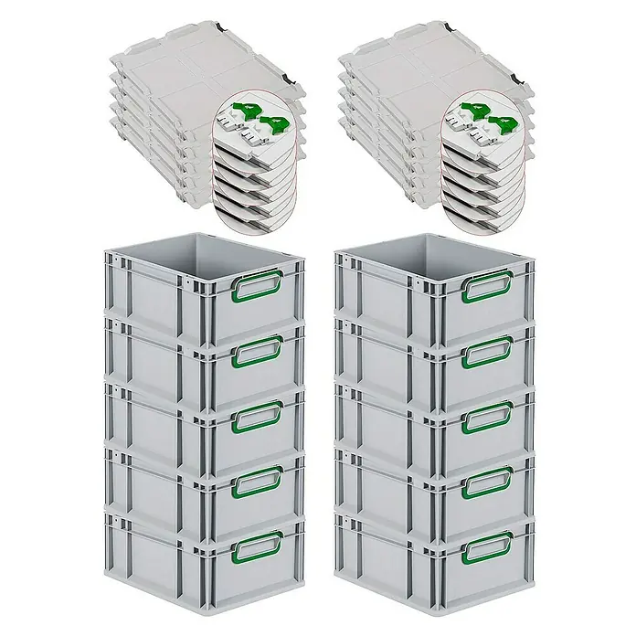 Proregal Euroboxen-Set 10x Eurobox NextGen Color mit Scharnierdeckel und Verschlüssen - L x B x H: 40 x 30 x 17 cm, Kunststoff, Grau, Grün, 10 Stk. - Stapelbare graue Kunststoffboxen mit grünen Griffen und Deckeln. Praktische und robuste Aufbewahrungslösung für Ordnung im Lager oder Büro.