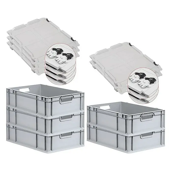 Proregal Euroboxen-Set 5x Eurobox NextGen Grip mit Scharnierdeckel und schwarzen Verschlüssen - L x B x H: 60 x 40 x 17 cm, Kunststoff, Grau, 5 Stk. - Graue Kunststoffboxen mit zugehörigen Deckeln. Diese Boxen bieten eine robuste und stapelbare Lösung für Lagerung und Transport.