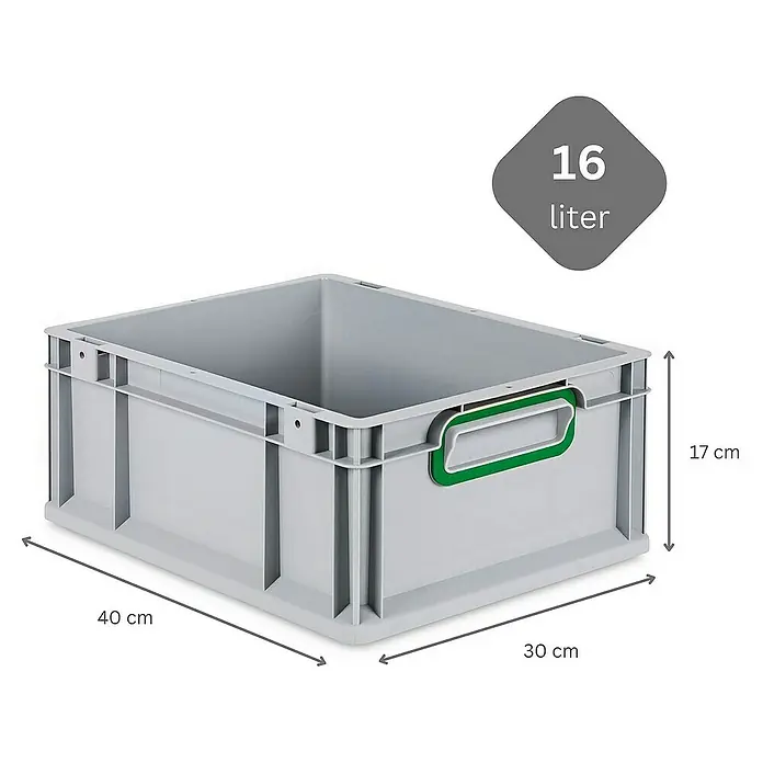 Proregal Euroboxen-Set 10x Eurobox NextGen Color mit Scharnierdeckel und Verschlüssen - L x B x H: 40 x 30 x 17 cm, Kunststoff, Grau, Grün, 10 Stk. - Graue Kunststoffbox mit den Maßen 40 x 30 x 17 cm und einem Fassungsvermögen von 16 Litern.