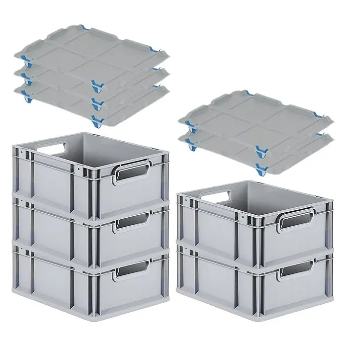 Proregal Euroboxen-Set 5x Eurobox NextGen Economy mit Auflagedeckel und 4x Verschlüsse Blau - L x B x H: 40 x 30 x 17 cm, Kunststoff, Grau, 5 Stk. - Ein Stapel grauer Kunststoffkisten mit Deckeln, ideal für Lagerung und Organisation. Robuste Bauweise für den täglichen Gebrauch.
