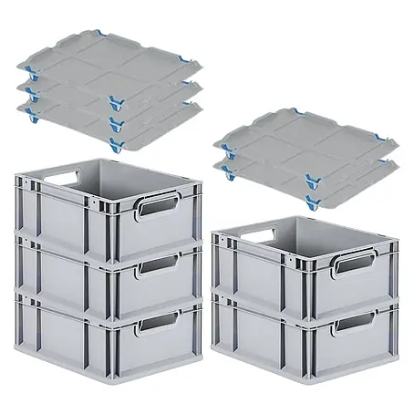 Proregal  Euroboxen-Set 5x Eurobox NextGen Economy mit Auflagedeckel und 4x Verschlüsse Blau