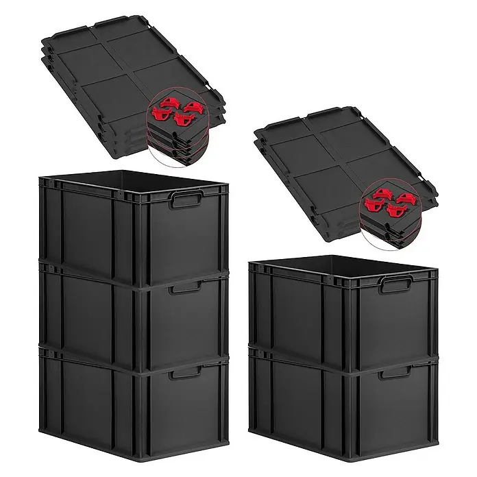 Proregal Euroboxen-Set 5x Eurobox NextGen Grip mit Auflagedeckel inkl. 4 roten Verschlüssen - L x B x H: 60 x 40 x 32 cm, Kunststoff, Schwarz, 5 Stk. - Schwarze Kunststoffboxen und Deckel für Lagerung und Organisation. Robuste Bauweise für vielseitige Anwendungen im Alltag.
