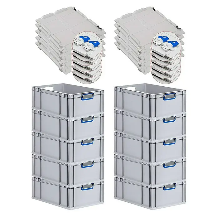 Proregal Euroboxen-Set 10x Eurobox NextGen Color mit Scharnierdeckel und Verschlüssen - L x B x H: 60 x 40 x 22 cm, Kunststoff, Grau, Blau, 10 Stk. - Stapelbare graue Kunststoffbehälter mit blauen Griffen und dazugehörigen Deckeln zur sicheren Aufbewahrung von Gegenständen.