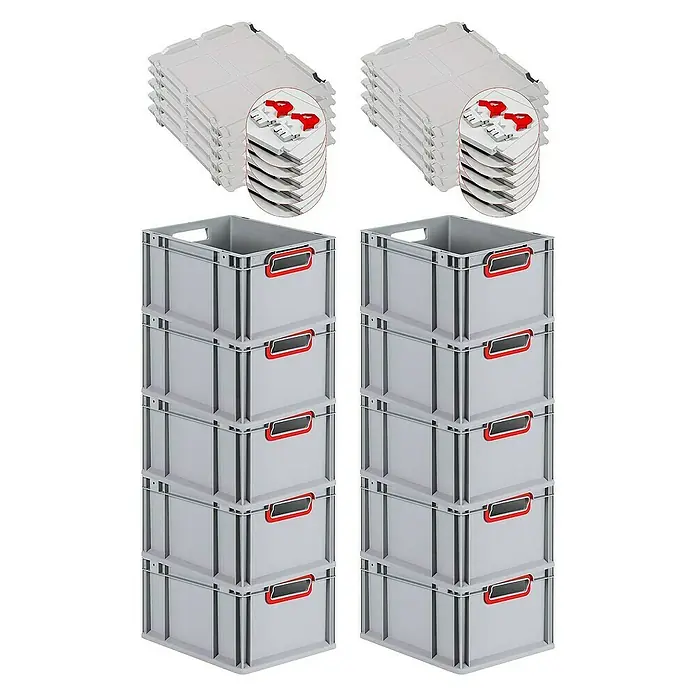 Proregal Euroboxen-Set 10x Eurobox NextGen Color mit Scharnierdeckel und Verschlüssen - L x B x H: 40 x 30 x 22 cm, Kunststoff, Grau, Rot, 10 Stk. - Das Bild zeigt zwei Stapel grauer Lagerboxen und dazugehörige Deckel. Es sind 10 Boxen und 7 Deckel pro Stapel.