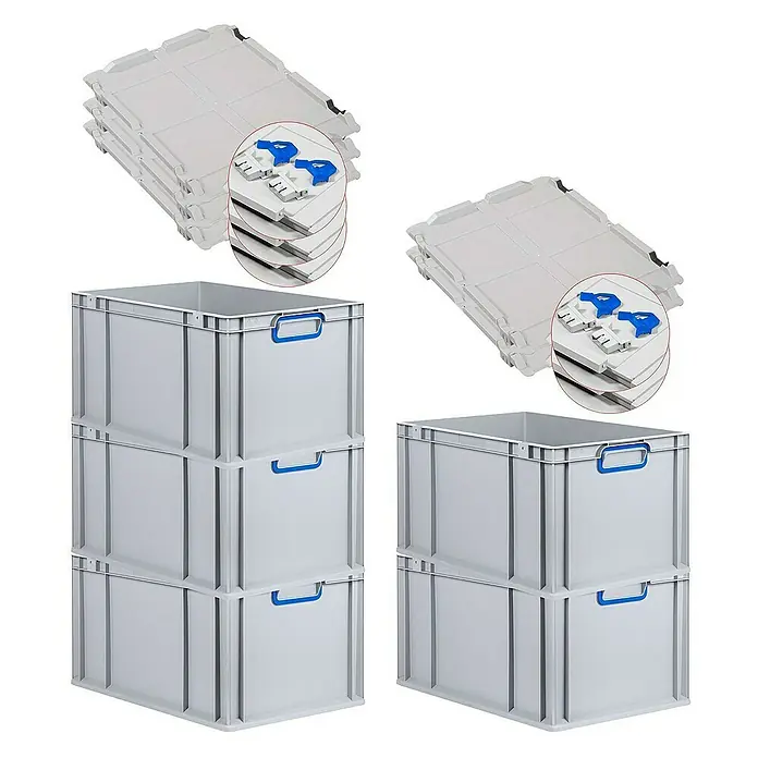 Proregal Euroboxen-Set 5x Eurobox NextGen Color mit Scharnierdeckel und Verschlüssen - L x B x H: 60 x 40 x 32 cm, Kunststoff, Grau, Blau, 5 Stk. - Stapelbare graue Lagerboxen mit blauen Griffen und Deckeln, ideal für Organisation und Lagerung. Robuste Konstruktion für vielfältige Anwendungen.