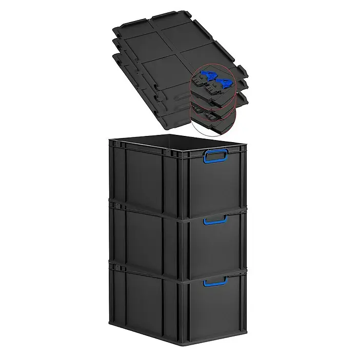 Proregal Euroboxen-Set 3x Eurobox NextGen Color mit Scharnierdeckel und Verschlüssen - L x B x H: 60 x 40 x 32 cm, Kunststoff, Schwarz, Blau, 3 Stk. - Drei schwarze Lagerboxen aus Kunststoff mit blauen Griffen übereinander gestapelt und drei leere Lagerboxen mit Deckeln.