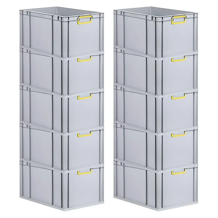 Proregal Euroboxen-Set 10x Eurobox NextGen Color - L x B x H: 60 x 40 x 32 cm, Kunststoff, Grau, Gelb, 10 Stk. - Das Bild zeigt zwei Stapel grauer Lagerboxen mit gelben Griffen, die jeweils fünf Boxen hoch gestapelt sind.