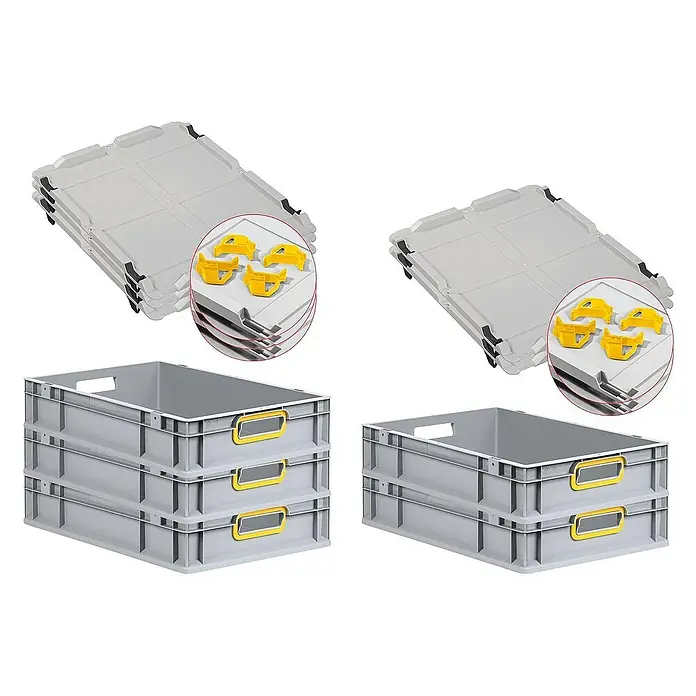 Proregal Euroboxen-Set 5x Eurobox NextGen Color mit Auflagedeckel und Schiebeschnappverschlüsse - L x B x H: 60 x 40 x 12 cm, Kunststoff, Grau, Gelb, 5 Stk. - Graue Kunststoffbehälter und dazugehörige Deckel mit gelben Verschlüssen, gestapelt für Lagerung und Transport.