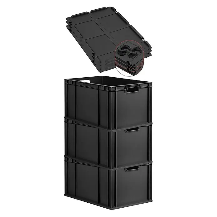 Proregal Euroboxen-Set 3x Eurobox NextGen Grip mit Auflagedeckel inkl. 4 schwarzen Verschlüssen - L x B x H: 60 x 40 x 32 cm, Kunststoff, Schwarz, 3 Stk. - Schwarze Kunststoffbehälter mit klappbaren Deckeln für einfache Lagerung, ideal für Organisation und Transport.
