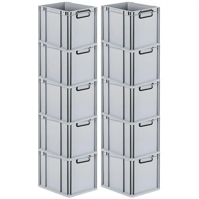 Proregal Euroboxen-Set 10x Eurobox NextGen Color - L x B x H: 40 x 30 x 32 cm, Kunststoff, Grau, Schwarz, 10 Stk. - Zwei Säulen aus stabilen, grauen Stapelboxen mit praktischen Tragegriffen, ideal für Lagerung und Organisation.