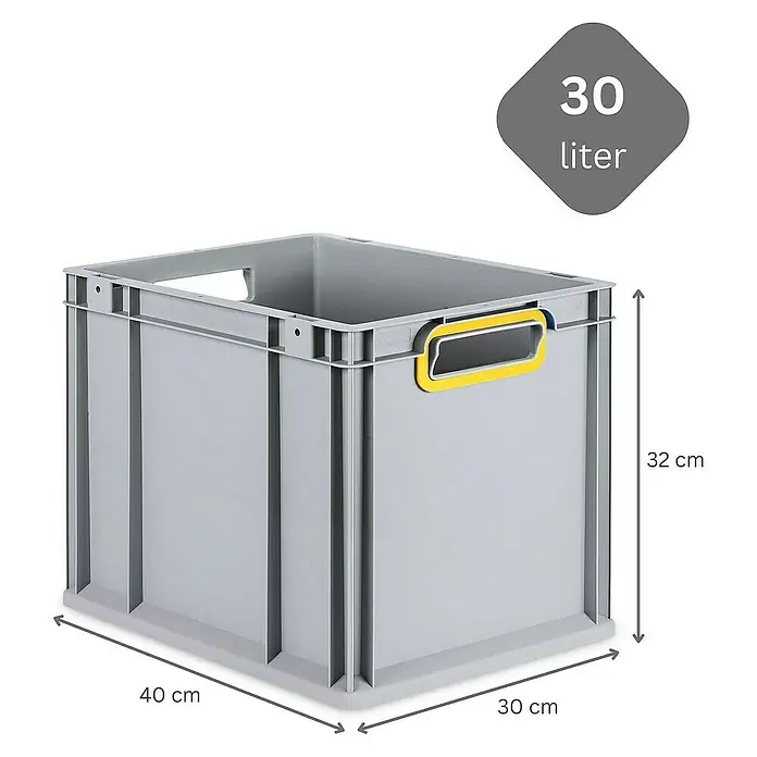 Proregal Euroboxen-Set 10x Eurobox NextGen Color mit Scharnierdeckel und Verschlüssen - Kunststoff, Grau, Gelb, 10 Stk. - Graue 30-Liter-Eurobox mit gelben Griffen, ideal für Lagerung und Transport, mit den Maßen 40x30x32 cm.