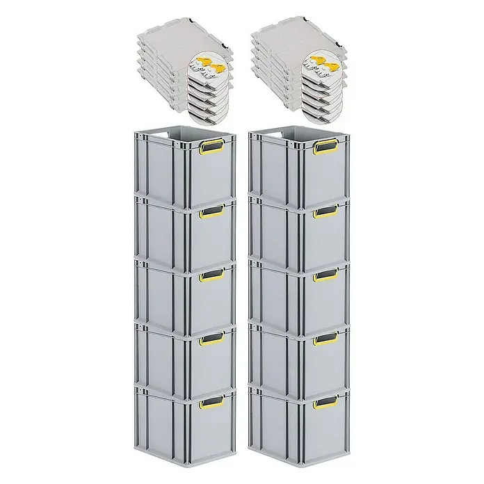 Proregal Euroboxen-Set 10x Eurobox NextGen Color mit Scharnierdeckel und Verschlüssen - Kunststoff, Grau, Gelb, 10 Stk. - Produktabbildung von zwei Stapeln grauer Lagerboxen und zwei Stapeln von grauen Deckeln mit gelben Clipverschlüssen.