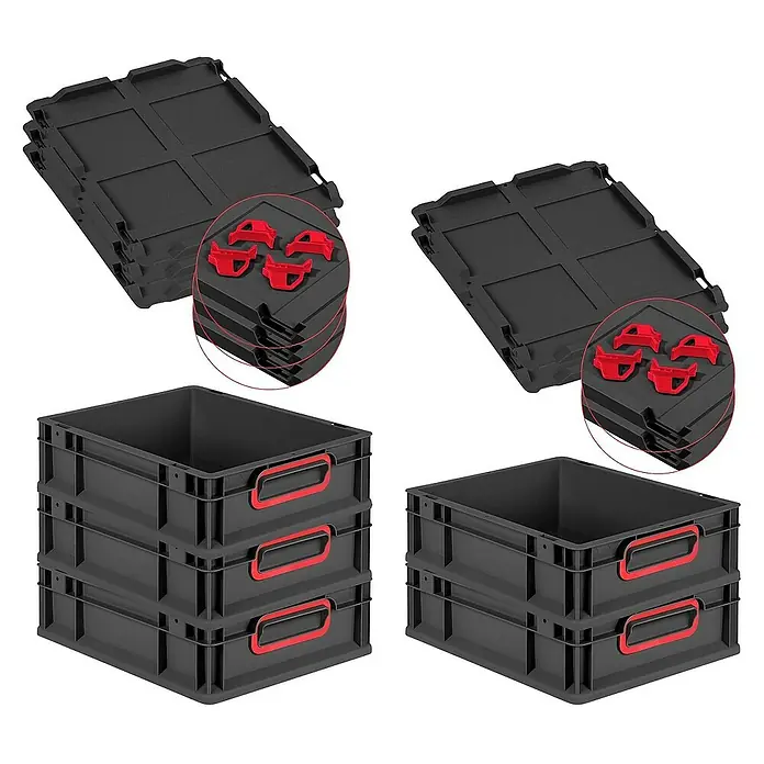 Proregal Euroboxen-Set 5x Eurobox NextGen Color mit Auflagedeckel und Schiebeschnappverschlüsse - L x B x H: 40 x 30 x 12 cm, Kunststoff, Schwarz, Rot, 5 Stk. - Schwarze Kunststoffboxen und Deckel mit roten Details, ideal zur Aufbewahrung und Organisation von Gegenständen.