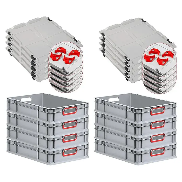 Proregal Euroboxen-Set 8x Eurobox NextGen Color mit Auflagedeckel und Schiebeschnappverschlüsse - L x B x H: 60 x 40 x 12 cm, Kunststoff, Grau, Rot, 8 Stk. - Graue Kunststoffboxen und passende Deckel mit roten Verschlüssen, gestapelt für Lagerung.