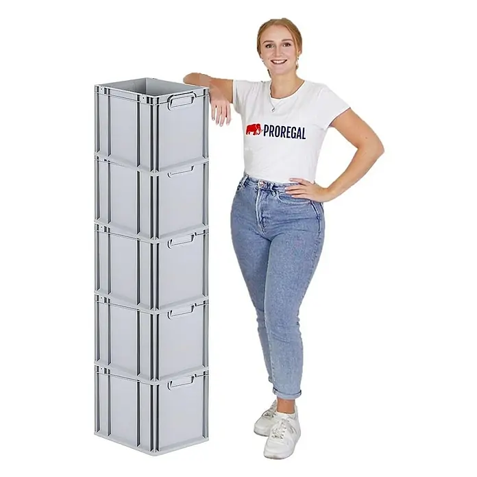 Proregal Euroboxen-Set 5x Eurobox NextGen Economy mit Auflagedeckel und 4x Verschlüsse Grün - Kunststoff, Grau, 5 Stk. - Ein stapelbarer, grauer Proregal-Lagerbehälter mit Griffen, bestehend aus vier übereinander gestapelten Boxen, präsentiert neben einer Frau.
