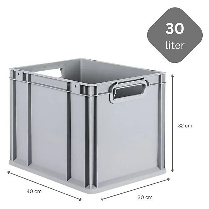 Proregal Euroboxen-Set 5x Eurobox NextGen Grip mit Scharnierdeckel und roten Verschlüssen - Kunststoff, Grau, 5 Stk. - Graue 30-Liter-Kunststoffbox mit Griffen und den Maßen 40 x 30 x 32 cm.