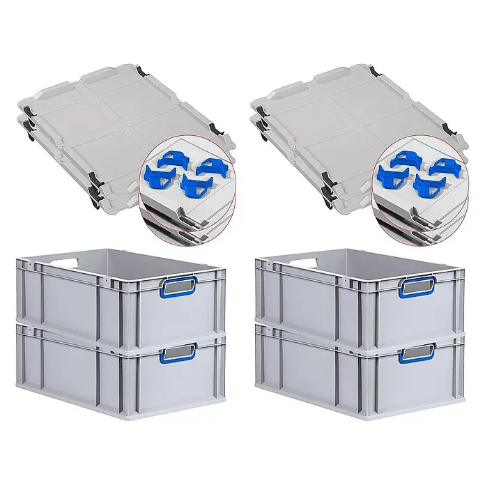 Proregal Euroboxen-Set 4x Eurobox NextGen Color mit Auflagedeckel und Schiebeschnappverschlüsse - L x B x H: 60 x 40 x 22 cm, Kunststoff, Grau, Blau, 4 Stk. - Produktabbildung von grauen Eurobehältern mit Deckel und blauen Griffen, ideal für Lagerung und Transport.