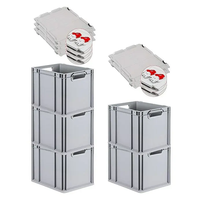 Proregal Euroboxen-Set 5x Eurobox NextGen Grip mit Scharnierdeckel und roten Verschlüssen - Kunststoff, Grau, 5 Stk. - Graue, stapelbare Euroboxen aus Kunststoff mit praktischen Griffen und Deckeln für Lagerung und Transport.