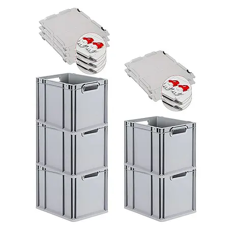 Proregal  Euroboxen-Set 5x Eurobox NextGen Grip mit Scharnierdeckel und roten Verschlüssen