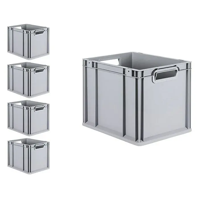 Proregal Euroboxen-Set 5x Eurobox NextGen Grip mit Scharnierdeckel und roten Verschlüssen - Kunststoff, Grau, 5 Stk. - Bild von grauen Kunststoffboxen mit Tragegriffen, ideal für Lagerung und Organisation. Praktisch und robust.