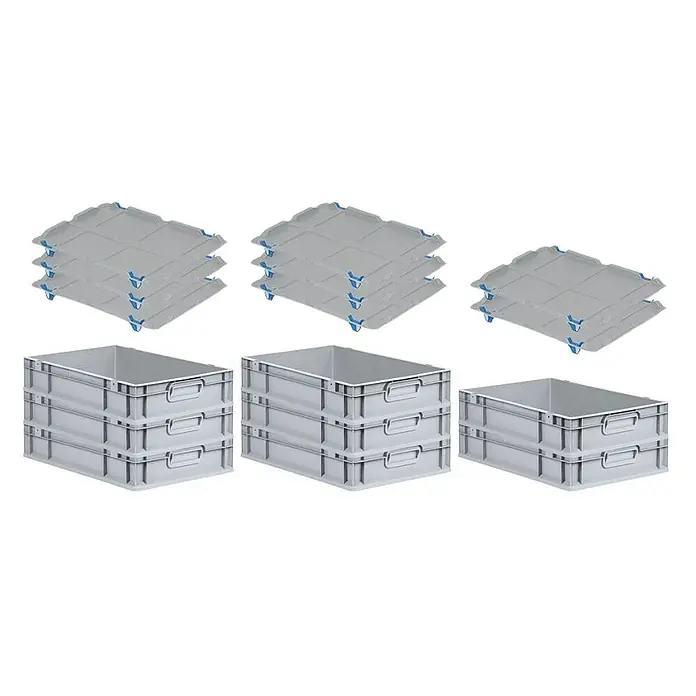 Proregal Euroboxen-Set 8x Eurobox NextGen Economy mit Auflagedeckel und 4x Verschlüsse Blau - L x B x H: 60 x 40 x 12 cm, Kunststoff, Grau, 8 Stk. - Graue Kunststoffboxen mit Deckel: Robuste Aufbewahrungslösung für den gewerblichen und privaten Gebrauch. Stapelbar und leicht zu reinigen.