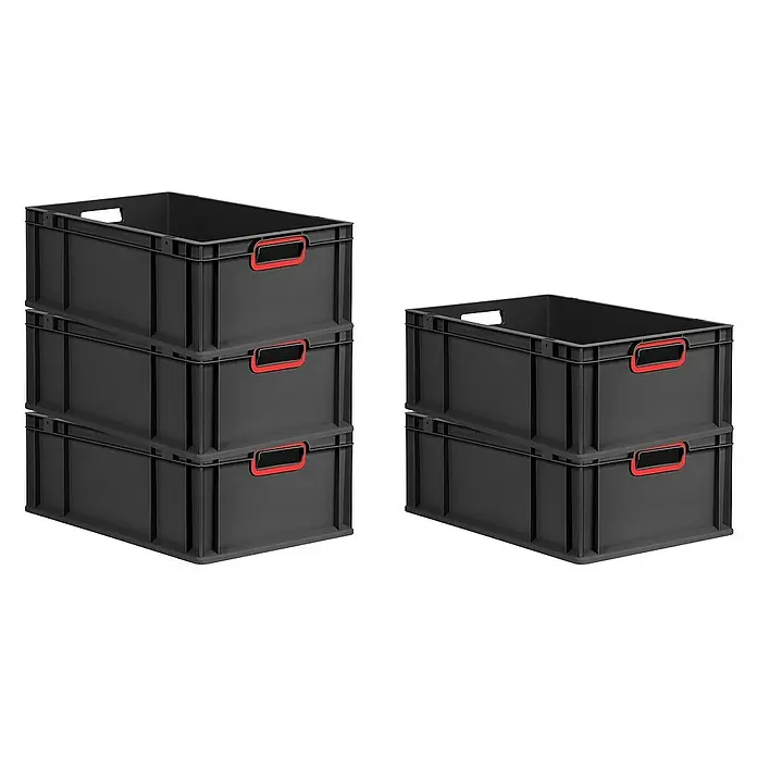 Proregal Euroboxen-Set 5x Eurobox NextGen Color - L x B x H: 60 x 40 x 22 cm, Kunststoff, Schwarz, Rot, 5 Stk. - Bild von zwei Stapeln schwarzer Eurobehälter mit roten Griffen. Praktische und robuste Aufbewahrungslösung für verschiedene Zwecke.