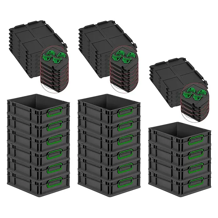 Proregal Euroboxen-Set 16x Eurobox NextGen Color mit Auflagedeckel und Schiebeschnappverschlüsse - L x B x H: 40 x 30 x 12 cm, Kunststoff, Schwarz, Grün, 16 Stk. - Ein Bild von drei Stapeln grauer Kunststoffboxen mit grünen Griffen und dazugehörigen Deckeln, die die Vielseitigkeit der Aufbewahrungslösung hervorheben.