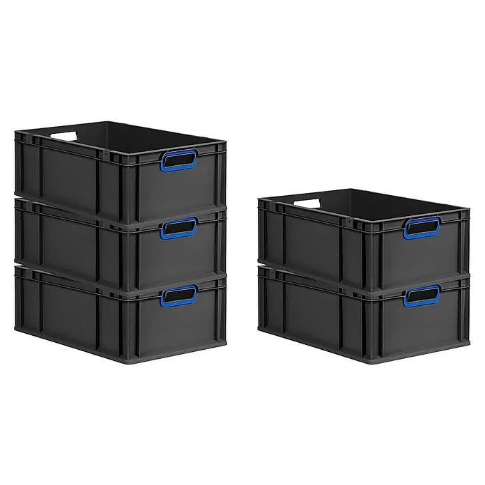 Proregal Euroboxen-Set 10x Eurobox NextGen Color - L x B x H: 60 x 40 x 22 cm, Kunststoff, Schwarz, Blau, 10 Stk. - Drei graue Kunststoffboxen sind zu sehen. Die praktischen Boxen sind mit blauen Griffen versehen und übereinander gestapelt.