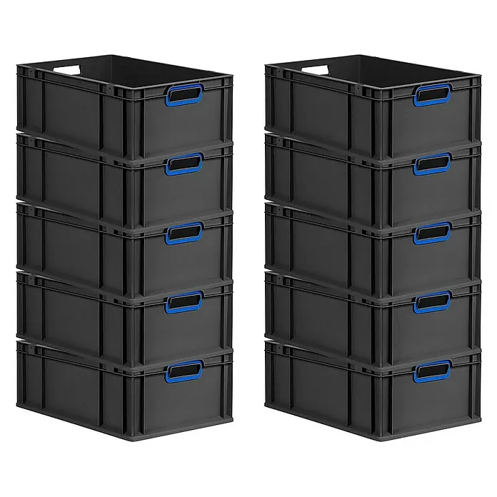Proregal Euroboxen-Set 10x Eurobox NextGen Color - L x B x H: 60 x 40 x 22 cm, Kunststoff, Schwarz, Blau, 10 Stk. - Graue Kunststoffboxen mit blauen Griffen, gestapelt in zwei Säulen. Ideal für Lagerung und Organisation.