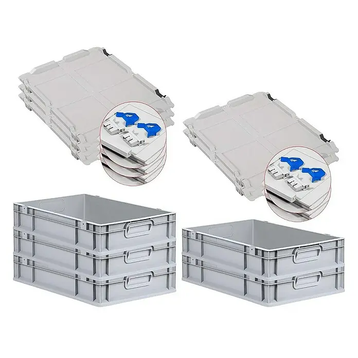 Proregal Euroboxen-Set 5x Eurobox NextGen Economy mit Scharnierdeckel und blauen Verschlüssen - L x B x H: 60 x 40 x 12 cm, Kunststoff, Grau, 5 Stk. - Graue Eurobehälter und Deckel-Sets. Die Behälter sind stapelbar und haben Tragegriffe. Die Deckel sind mit blauen Verschlüssen ausgestattet.