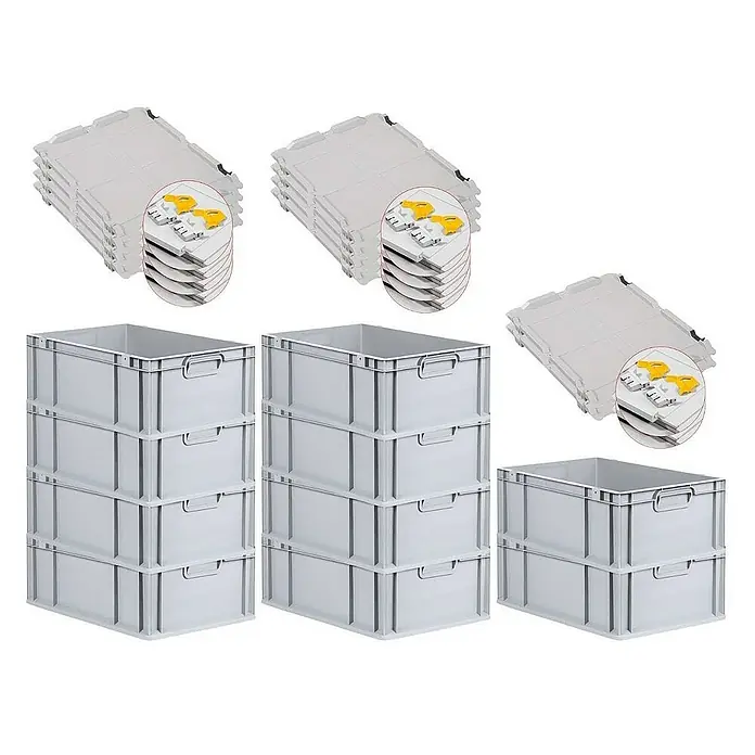 Proregal Euroboxen-Set 10x Eurobox NextGen Grip mit Scharnierdeckel und gelben Verschlüssen - L x B x H: 60 x 40 x 22 cm, Kunststoff, Grau, 10 Stk. - Graue Kunststoffbehälter und Deckel im Stapel für Lagerung und Transport. Robuste und vielseitige Aufbewahrungslösung.