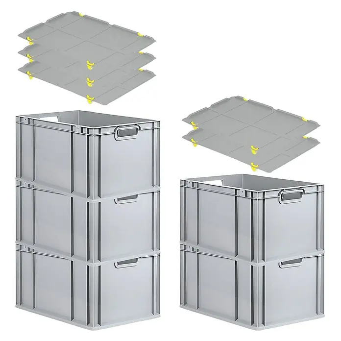 Proregal Euroboxen-Set 5x Eurobox NextGen Grip mit Auflagedeckel inkl. 4 gelben Verschlüssen - L x B x H: 60 x 40 x 32 cm, Kunststoff, Grau, 5 Stk. - Graue Euroboxen mit passenden Deckeln für Lagerung und Transport. Robuste Bauweise für vielseitige Anwendungen.