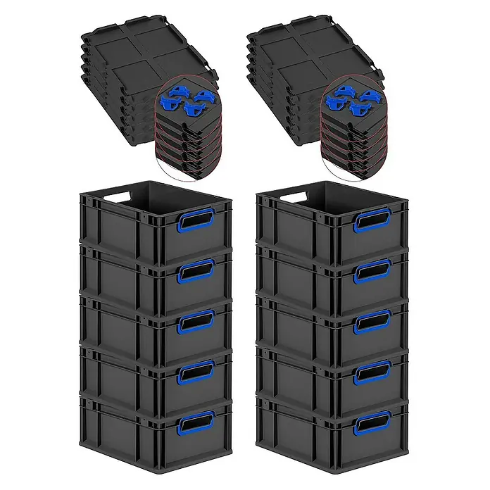 Proregal Euroboxen-Set 10x Eurobox NextGen Color mit Auflagedeckel und Schiebeschnappverschlüsse - L x B x H: 40 x 30 x 17 cm, Kunststoff, Schwarz, Blau, 10 Stk. - Abbildung von zwei Stapeln schwarzer Kunststoffkisten und zwei Stapeln schwarzer Kunststoffdeckel mit blauen Clips.