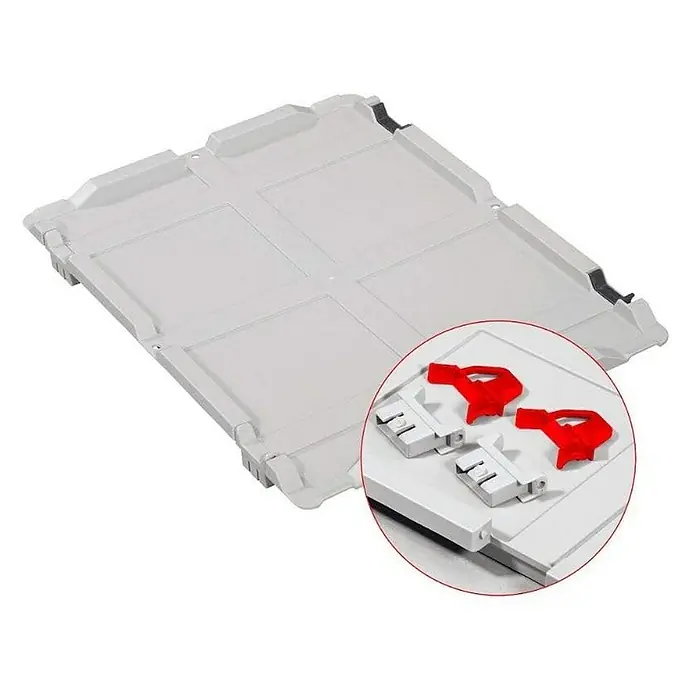 Proregal Euroboxen-Set 4x Eurobox NextGen Economy mit Scharnierdeckel und roten Verschlüssen - Kunststoff, Grau, 4 Stk. - Graue Kunststoffpalette mit Querbalken und einem vergrößerten Bereich mit roten und weißen Verschlusskomponenten.