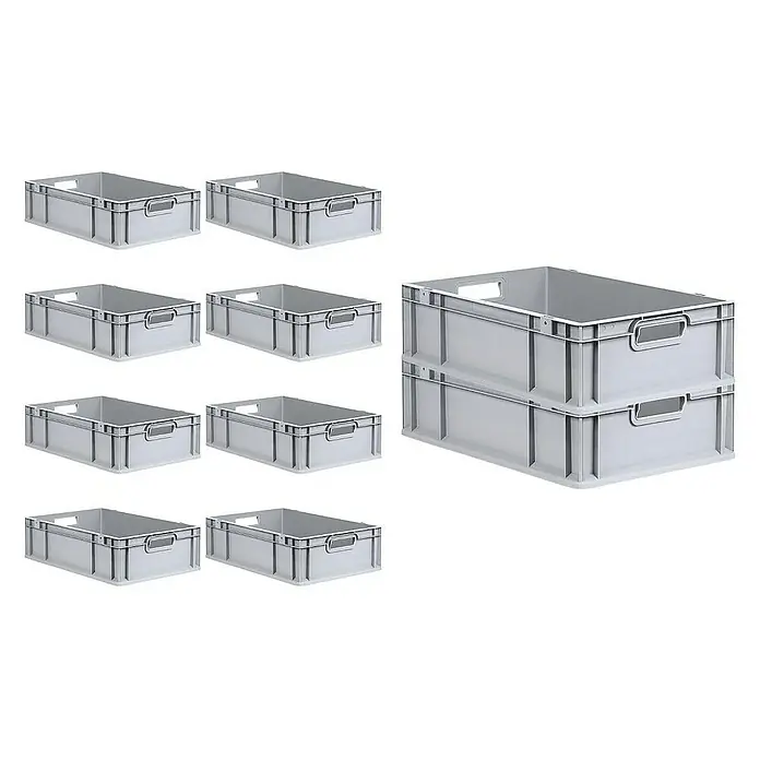 Proregal Euroboxen-Set 10x Eurobox NextGen Economy mit Scharnierdeckel und schwarzen Verschlüssen - L x B x H: 60 x 40 x 17 cm, Kunststoff, Grau, 10 Stk. - Mehrere graue Kunststoffboxen sind aufgereiht, darunter ein Stapel von zwei, ideal für Lagerung und Organisation.