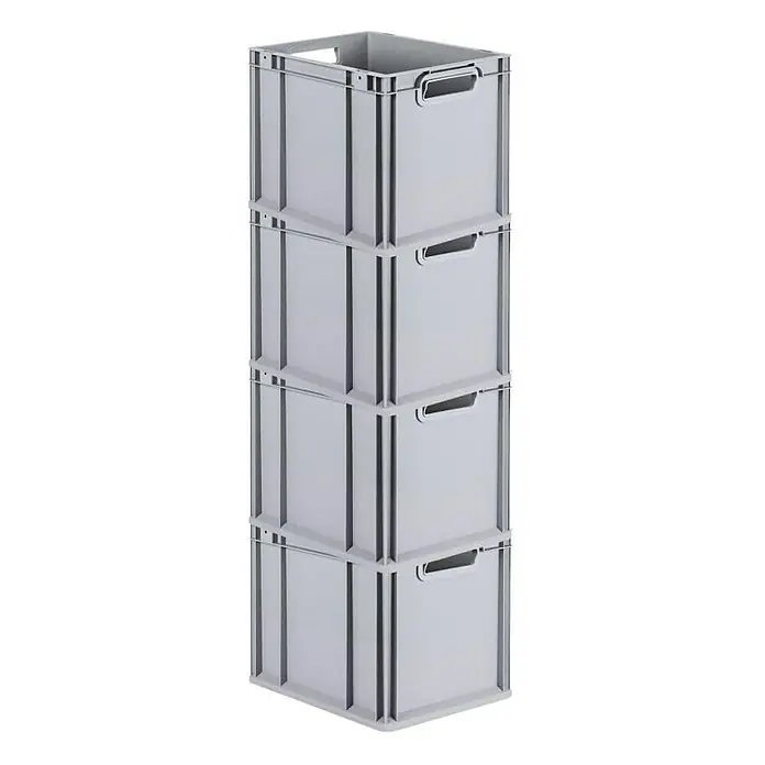 Proregal Euroboxen-Set 4x Eurobox NextGen Economy mit Scharnierdeckel und roten Verschlüssen - Kunststoff, Grau, 4 Stk. - Vier graue, übereinander gestapelte Lagerboxen aus Kunststoff mit Griffen, ideal zur Organisation von Lagerbeständen.
