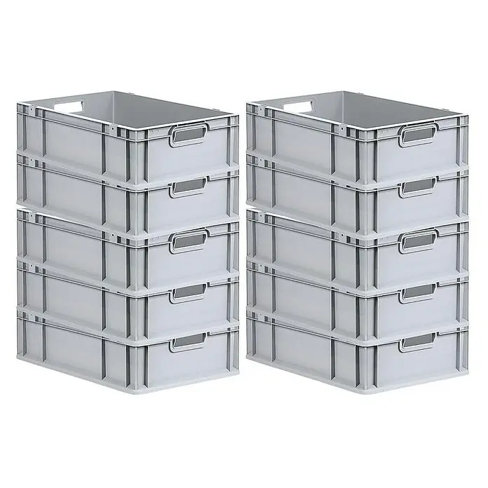 Proregal Euroboxen-Set 10x Eurobox NextGen Economy mit Scharnierdeckel und schwarzen Verschlüssen - L x B x H: 60 x 40 x 17 cm, Kunststoff, Grau, 10 Stk. - Zwei Stapel grauer Kunststoffbehälter, die sich ideal für die Organisation eignen. Perfekt für Lagerung und Transport.