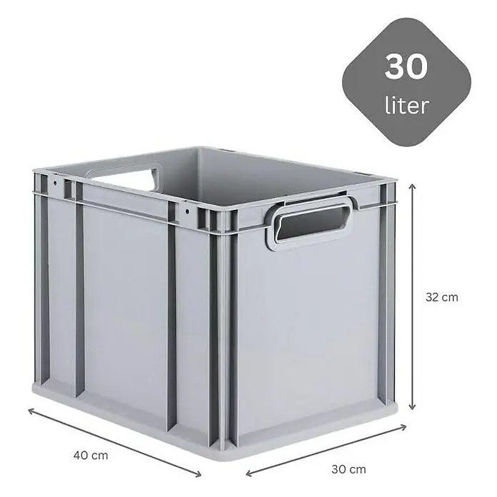 Proregal Euroboxen-Set 4x Eurobox NextGen Economy mit Scharnierdeckel und roten Verschlüssen - Kunststoff, Grau, 4 Stk. - Abbildung eines grauen 30-Liter-Kunststoffbehälters mit Griffen und den Maßen 40 cm x 30 cm x 32 cm.